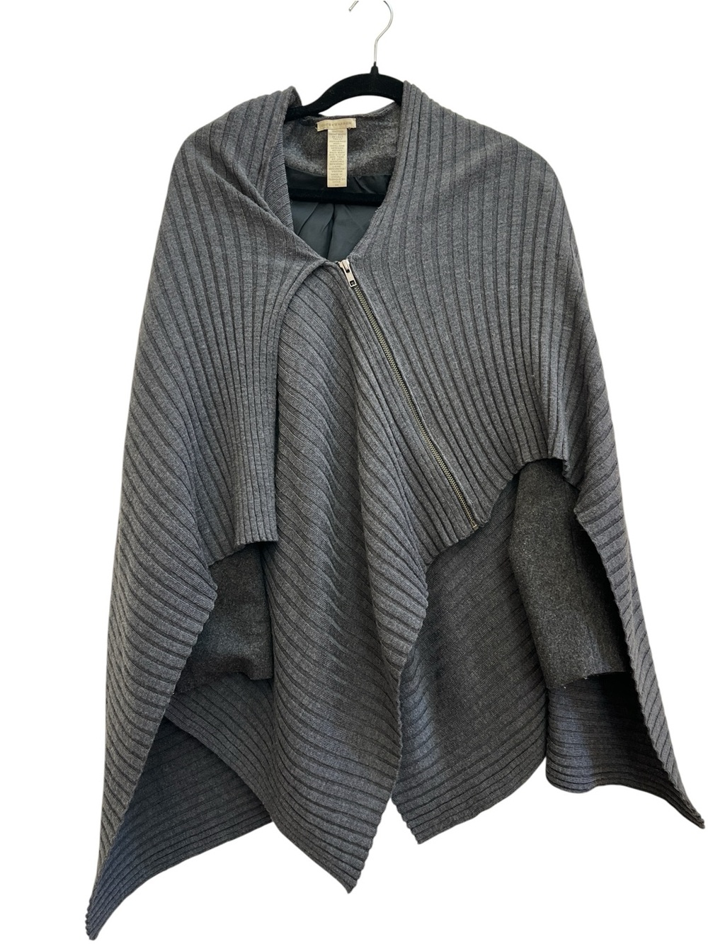 White + Warren Gray Merino Wool Ribbed Zip Poncho Cape Jacket M Quiet Luxury